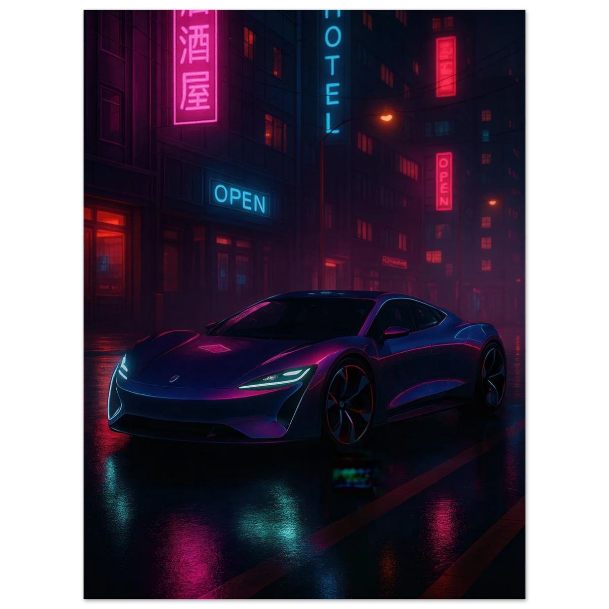 Neon Night Rider Poster: Vibrant Cyberpunk Car Art Print, Choose Your Size