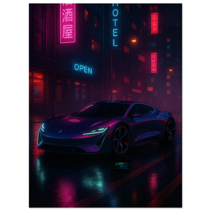Neon Night Rider Poster: Vibrant Cyberpunk Car Art Print, Choose Your Size