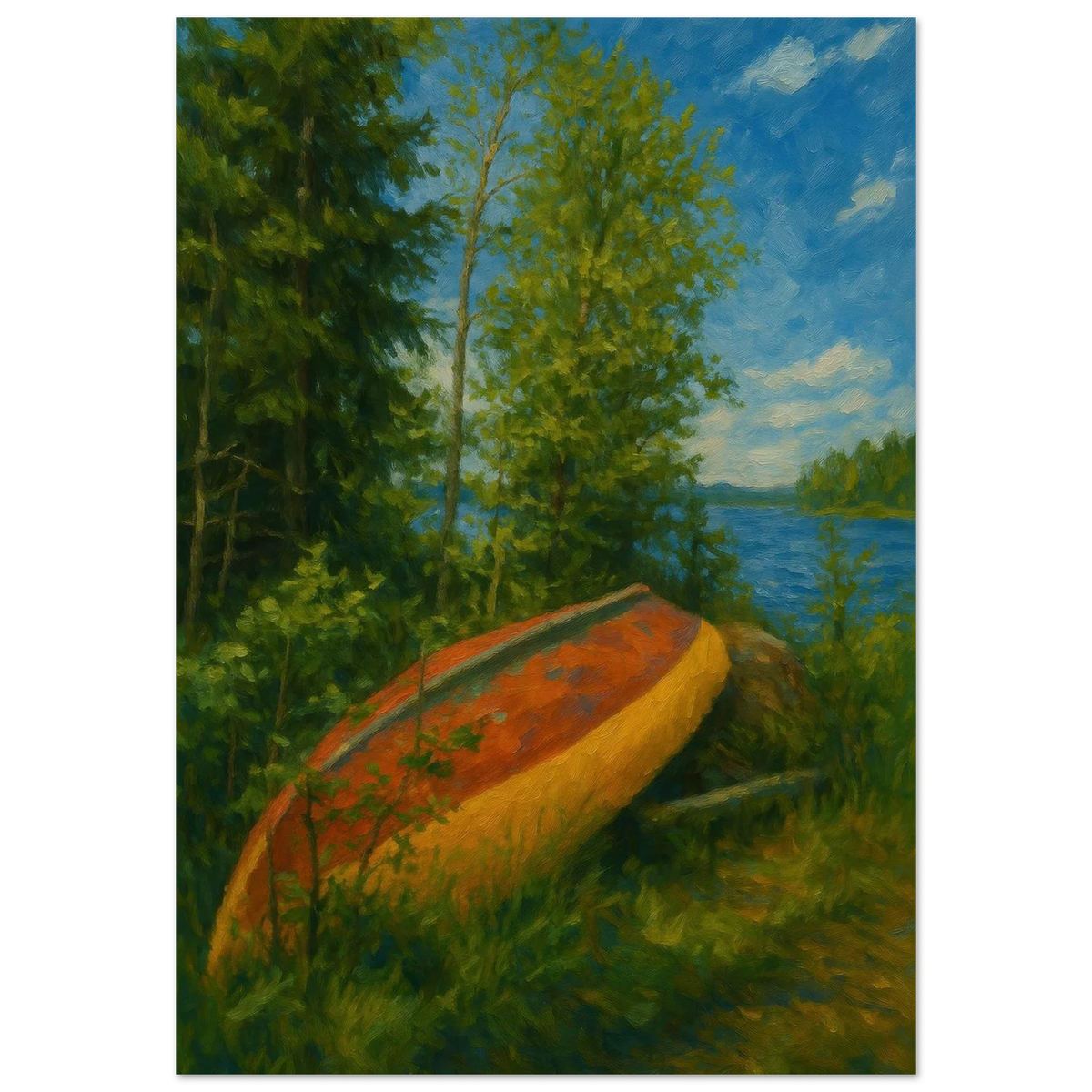 Rustic Lake Serenity: Impressionist Lakeside Canoe Art Print in Your Choice of 29 Sizes