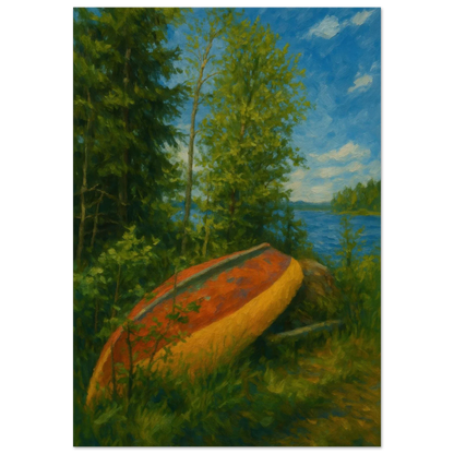 Rustic Lake Serenity: Impressionist Lakeside Canoe Art Print in Your Choice of 29 Sizes
