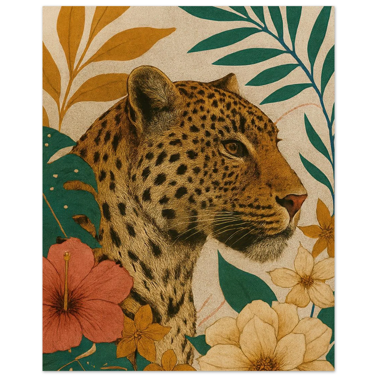 Djur: Exotisk Leopard-konsttryck i varma toner och botaniska inslag – Välj din storlek