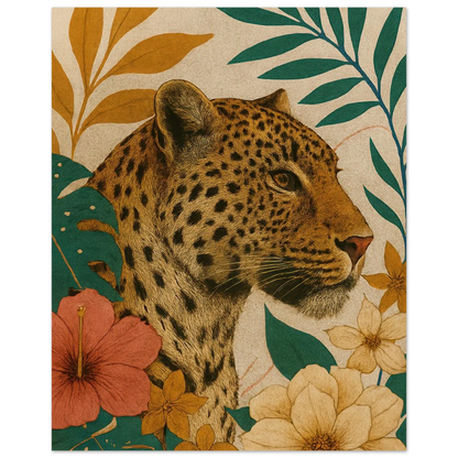 Djur: Exotisk Leopard-konsttryck i varma toner och botaniska inslag – Välj din storlek