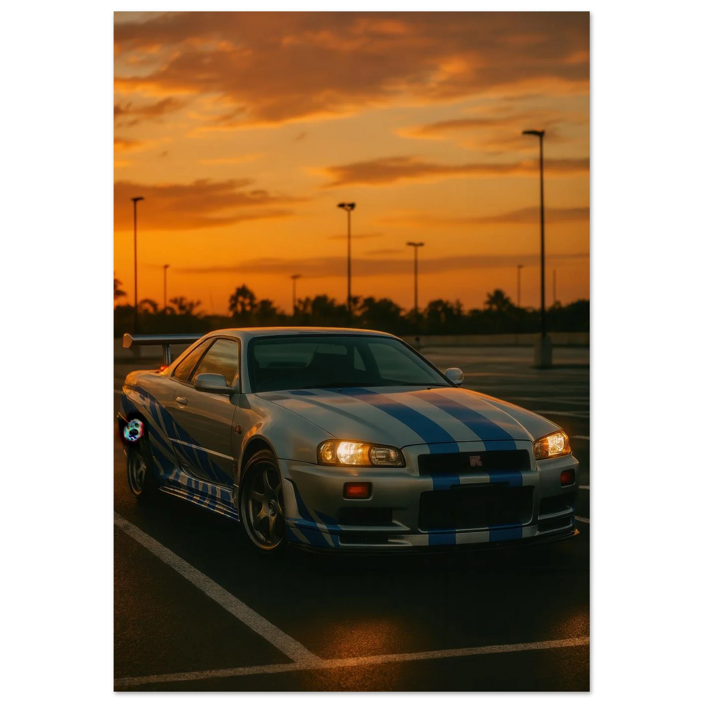 Iconic Skyline GTR Sportbil Konstaffisch – Fånga Fartens Själ i Solnedgången