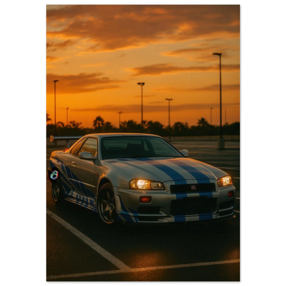 Iconic Skyline GTR Sportbil Konstaffisch – Fånga Fartens Själ i Solnedgången