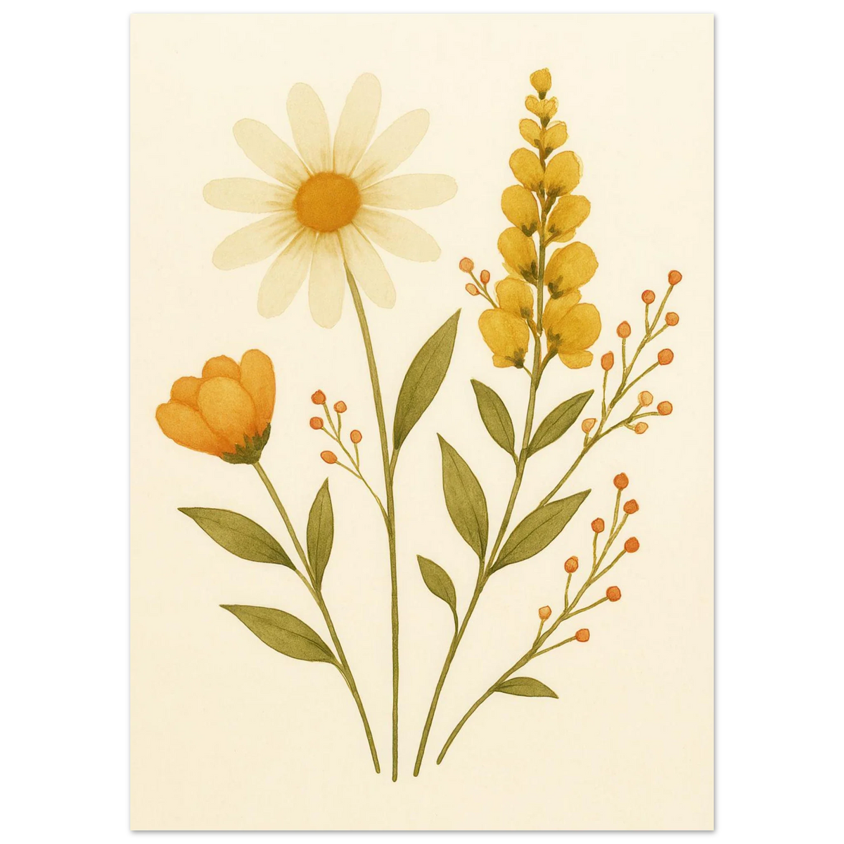 Vibrant Watercolor Wildflowers Print – Daisy, Berries & Botanical Art in Warm Hues