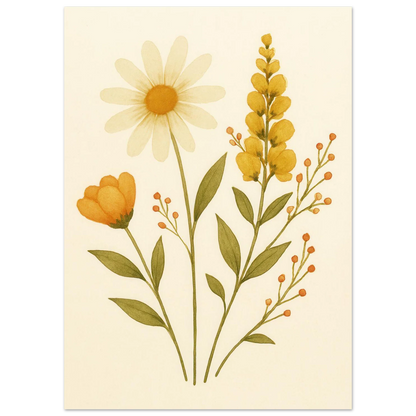 Vibrant Watercolor Wildflowers Print – Daisy, Berries & Botanical Art in Warm Hues