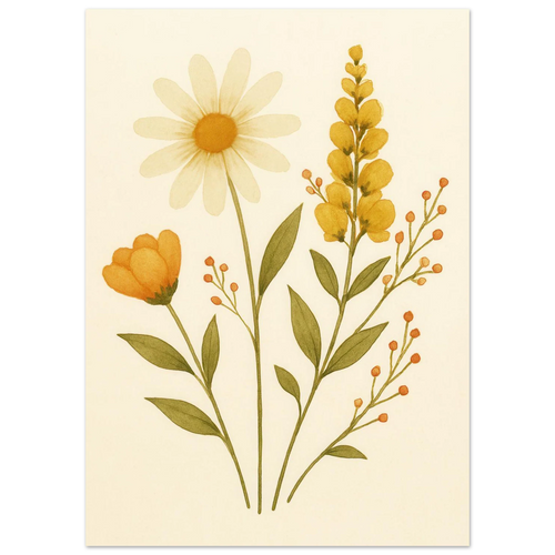 Vibrant Watercolor Wildflowers Print – Daisy, Berries & Botanical Art in Warm Hues