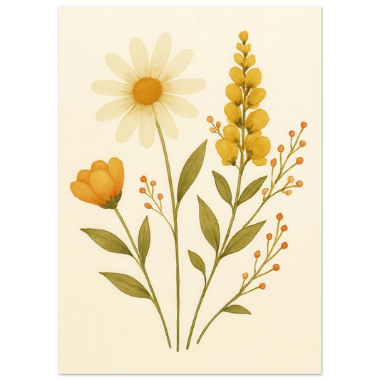 Vibrant Watercolor Wildflowers Print – Daisy, Berries & Botanical Art in Warm Hues