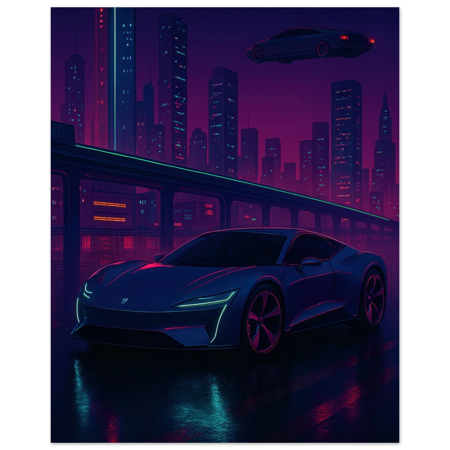 Futuristic Cyberpunk Stad Night Drive Konsttryck – Neonbelyst Bil Affisch i Valfri Storlek