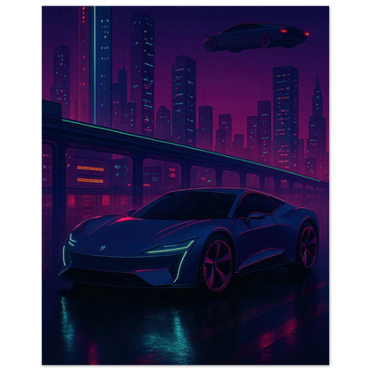 Futuristic Cyberpunk Stad Night Drive Konsttryck – Neonbelyst Bil Affisch i Valfri Storlek