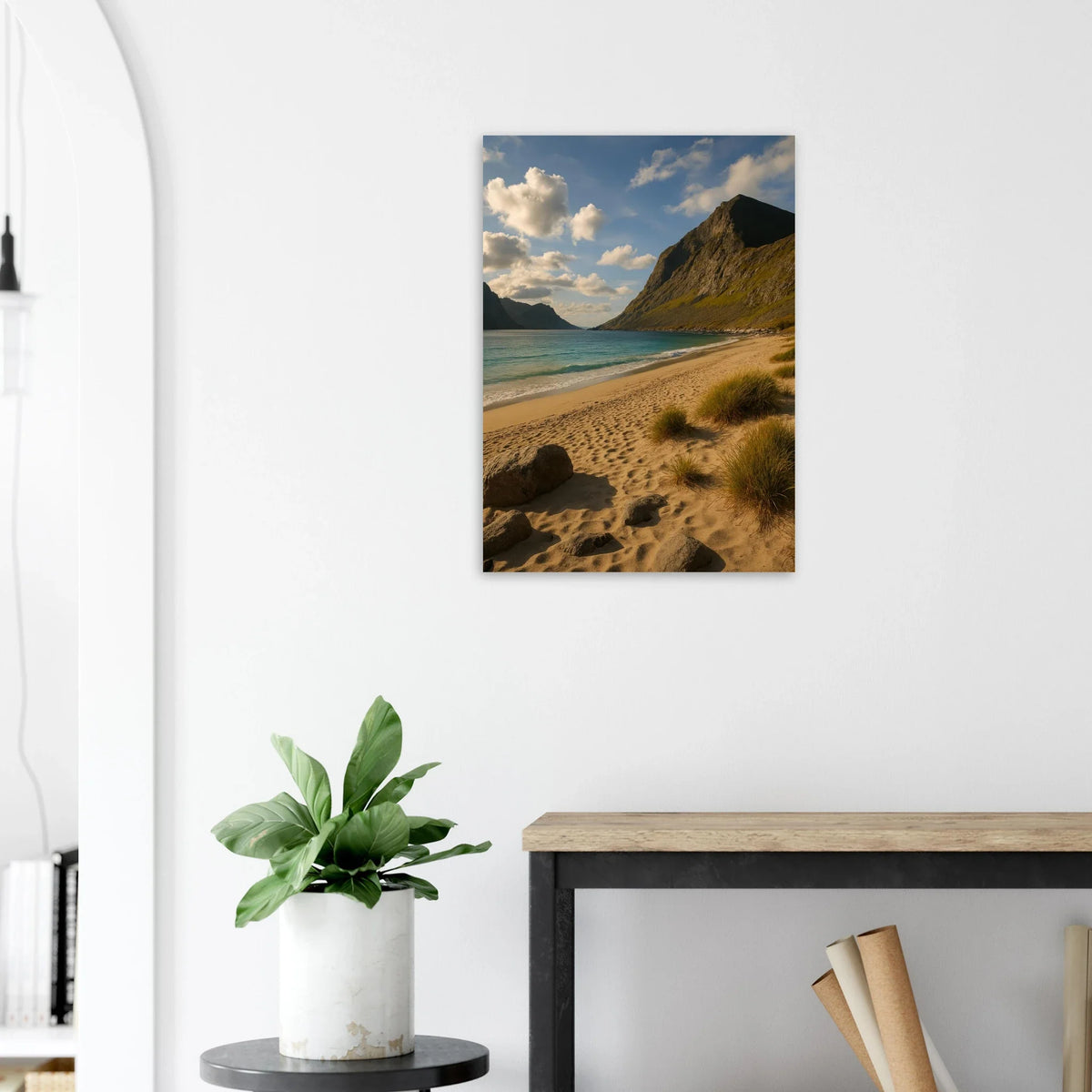 Serene Mountain Beach Horizon Poster – Coastal Beauty Print with Azure Waters & Golden Sand