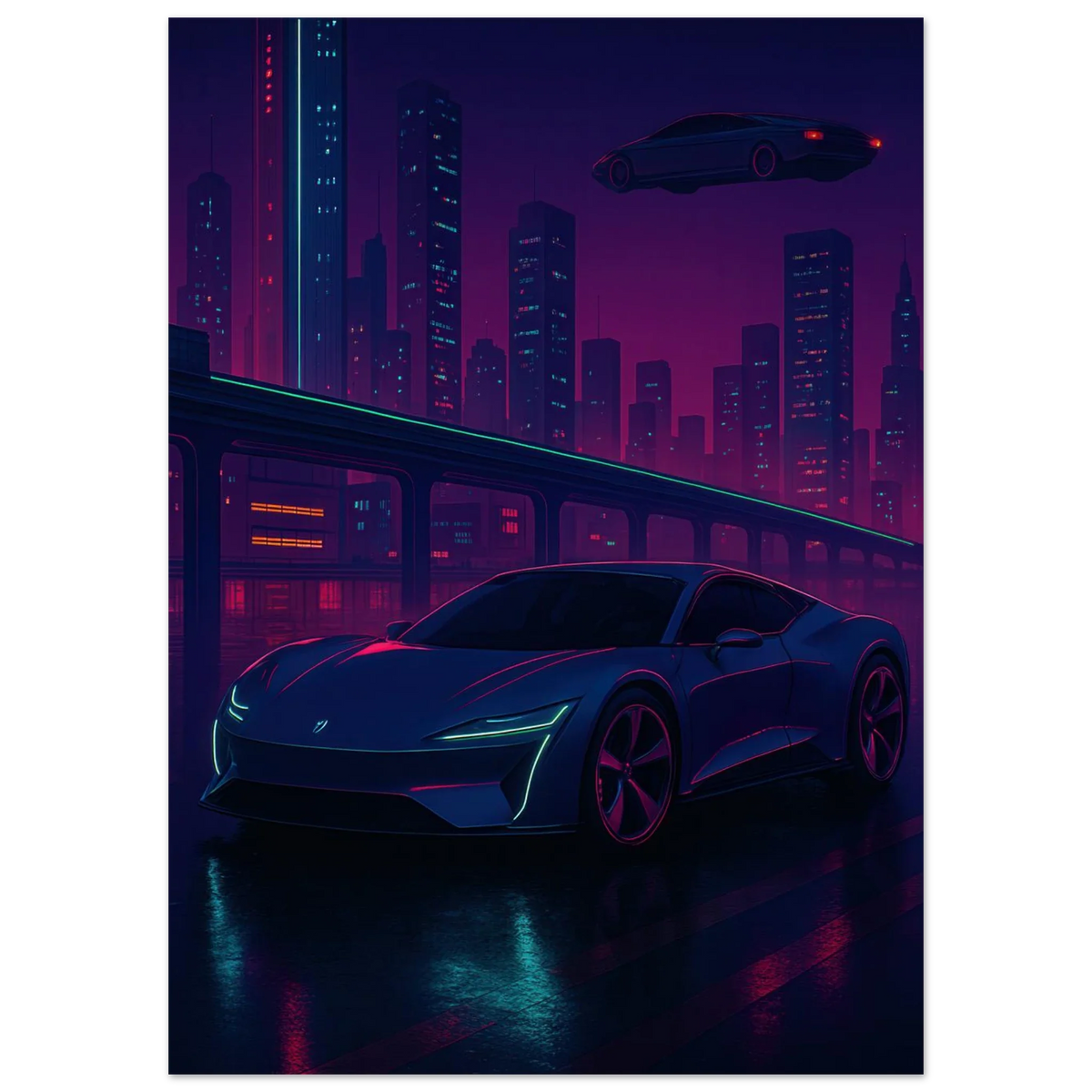 Futuristic Cyberpunk Stad Night Drive Konsttryck – Neonbelyst Bil Affisch i Valfri Storlek