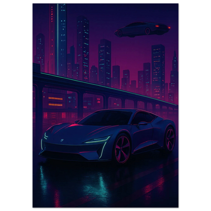 Futuristic Cyberpunk Stad Night Drive Konsttryck – Neonbelyst Bil Affisch i Valfri Storlek