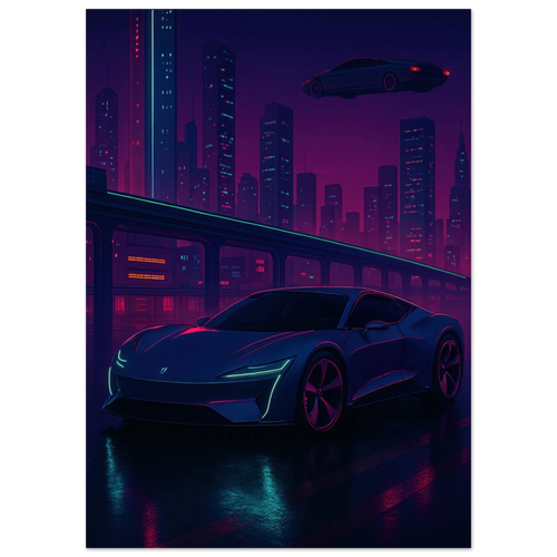 Futuristic Cyberpunk Stad Night Drive Konsttryck – Neonbelyst Bil Affisch i Valfri Storlek