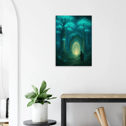 Mystisk Skog Portal Poster - Förtrollande Konsttryck med Lysande Träd & Äventyrare
