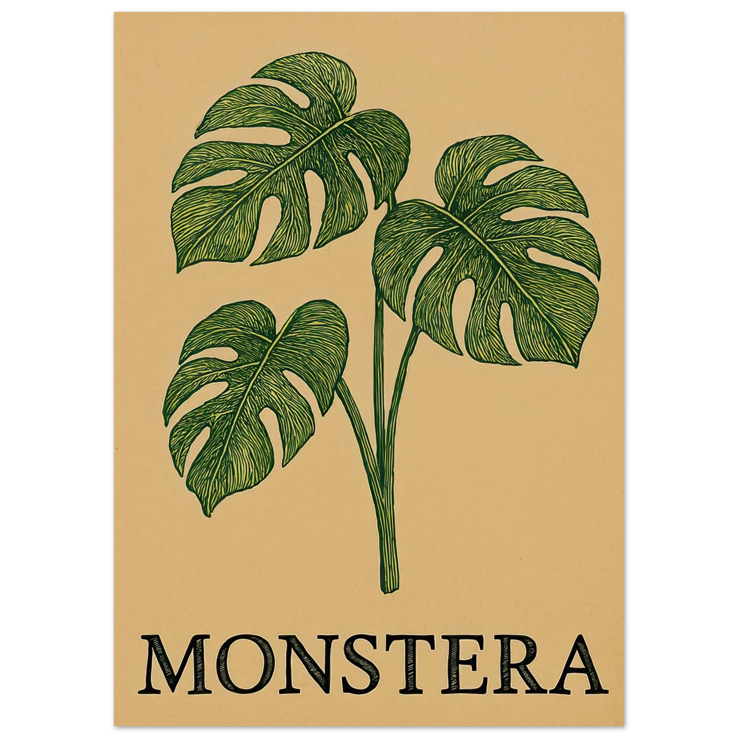 Frukter – Tropical Monstera Art Print i jordnära toner och livfulla gröna nyanser