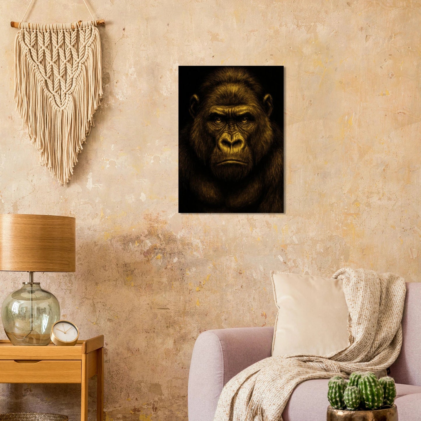 Djur: Gyllene Gorilla Konsttryck – Uttrycksfull Väggkonst i Olika Storlekar