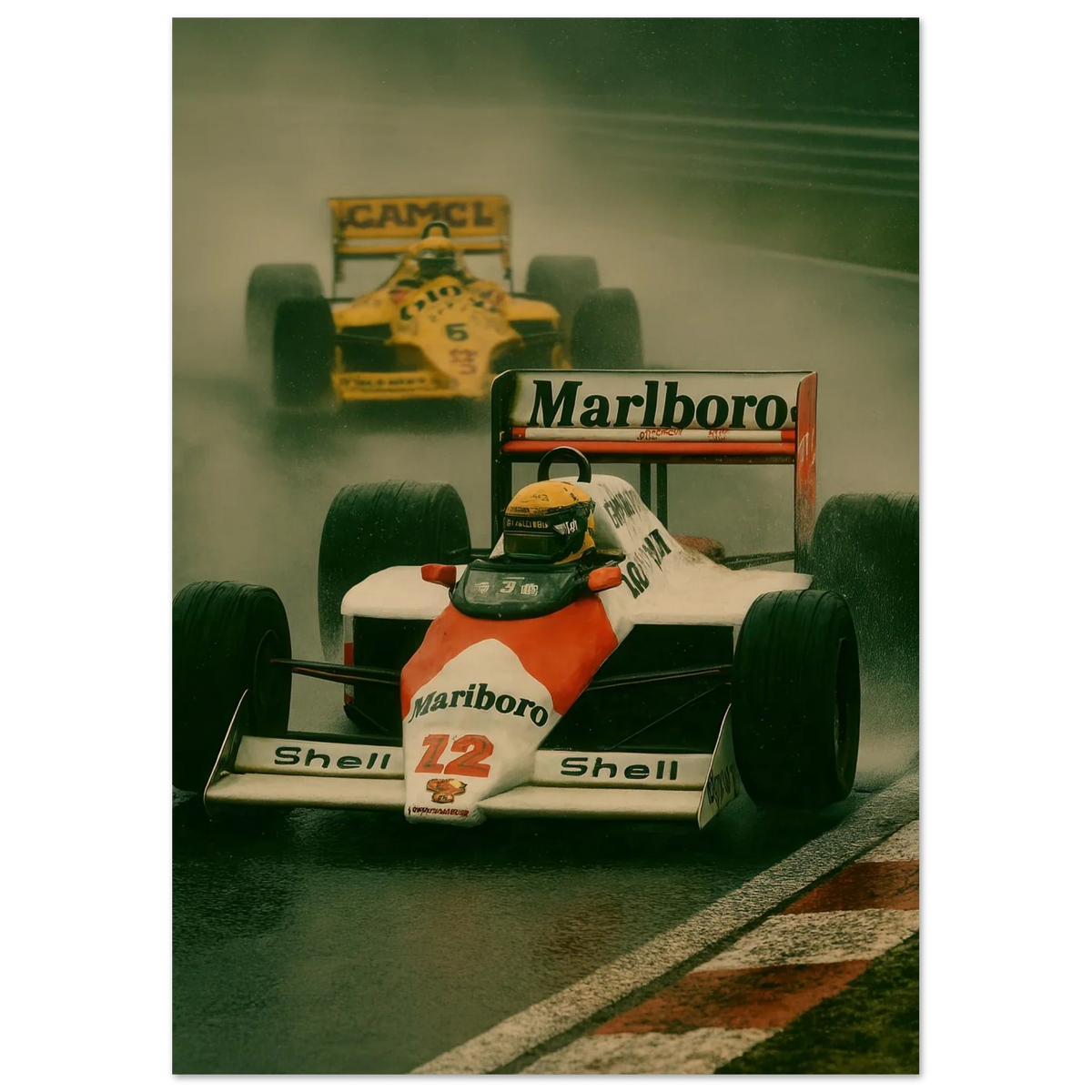 Racing Legacy: F1 Classic Poster – Dynamic Wet Race Art Print in Vibrant Detail