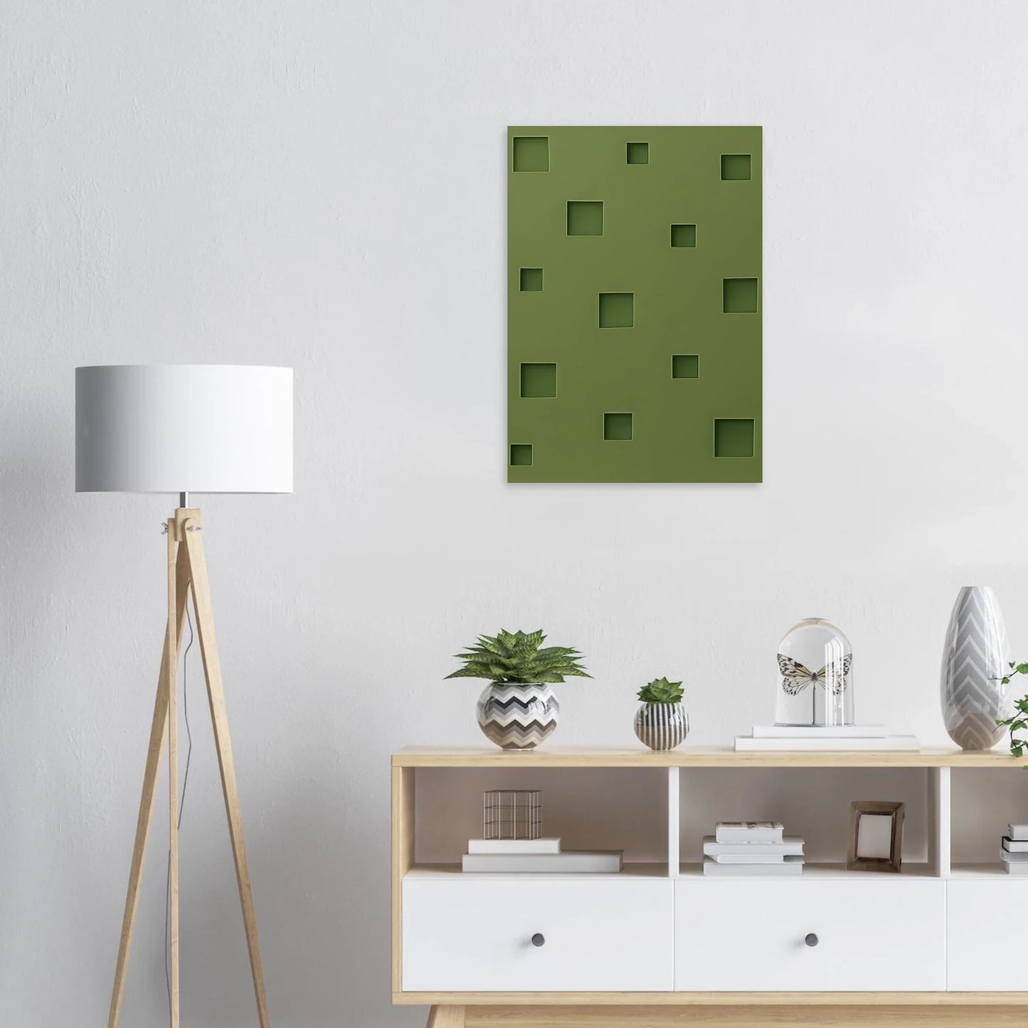 Minimalistiska Fönster: Abstrakt Konsttryck i Olivgrön