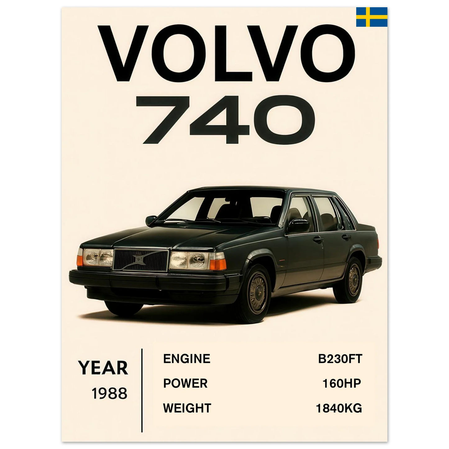 Volvo 740 Vintage Bilkonsttryck – Klassisk Skandinavisk Design Poster