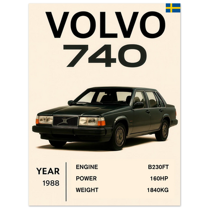 Volvo 740 Vintage Bilkonsttryck – Klassisk Skandinavisk Design Poster