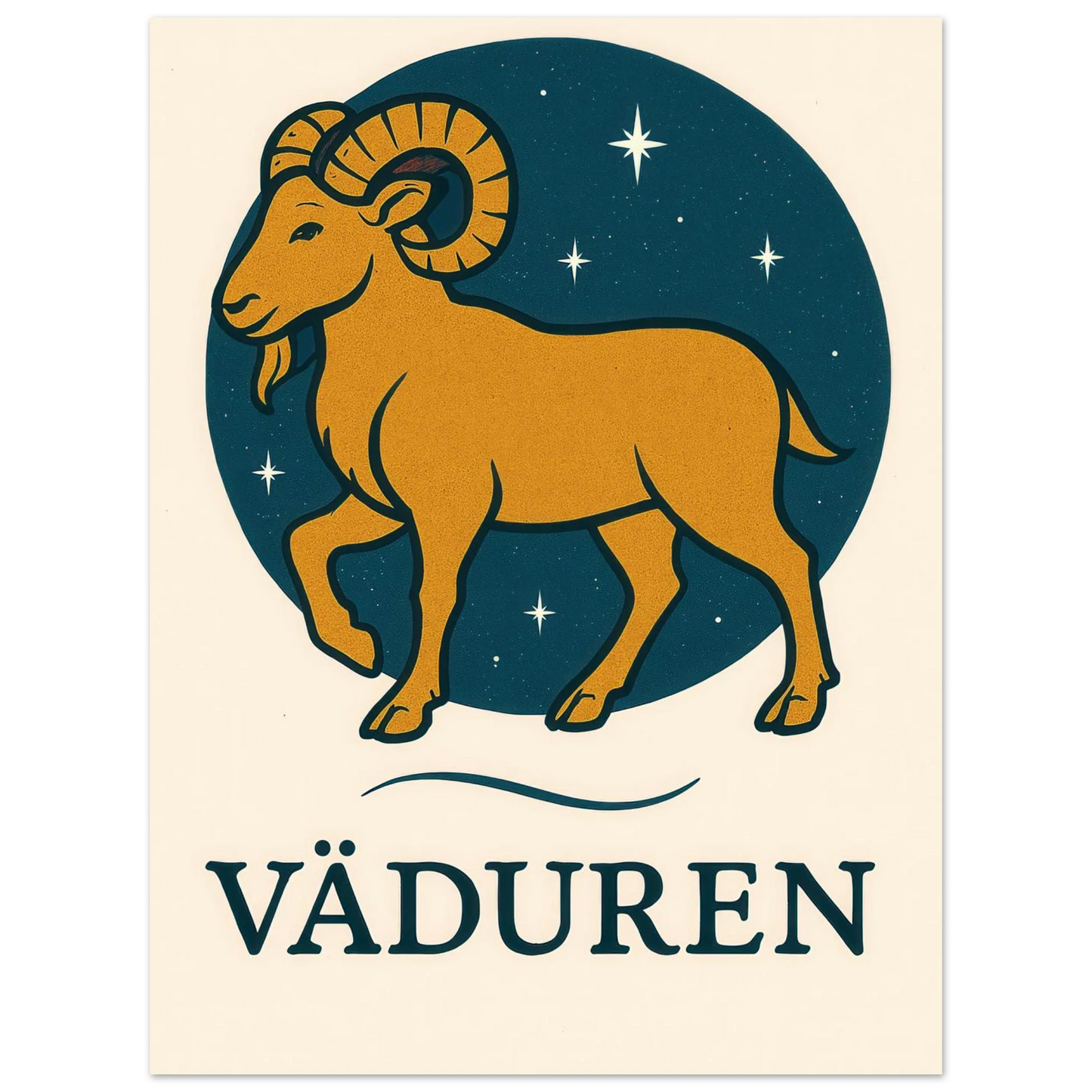Väduren Stjärntecken Konsttryck – Guldbock i Retrodesign – Zodiac Väggkonst i Olika Storlekar
