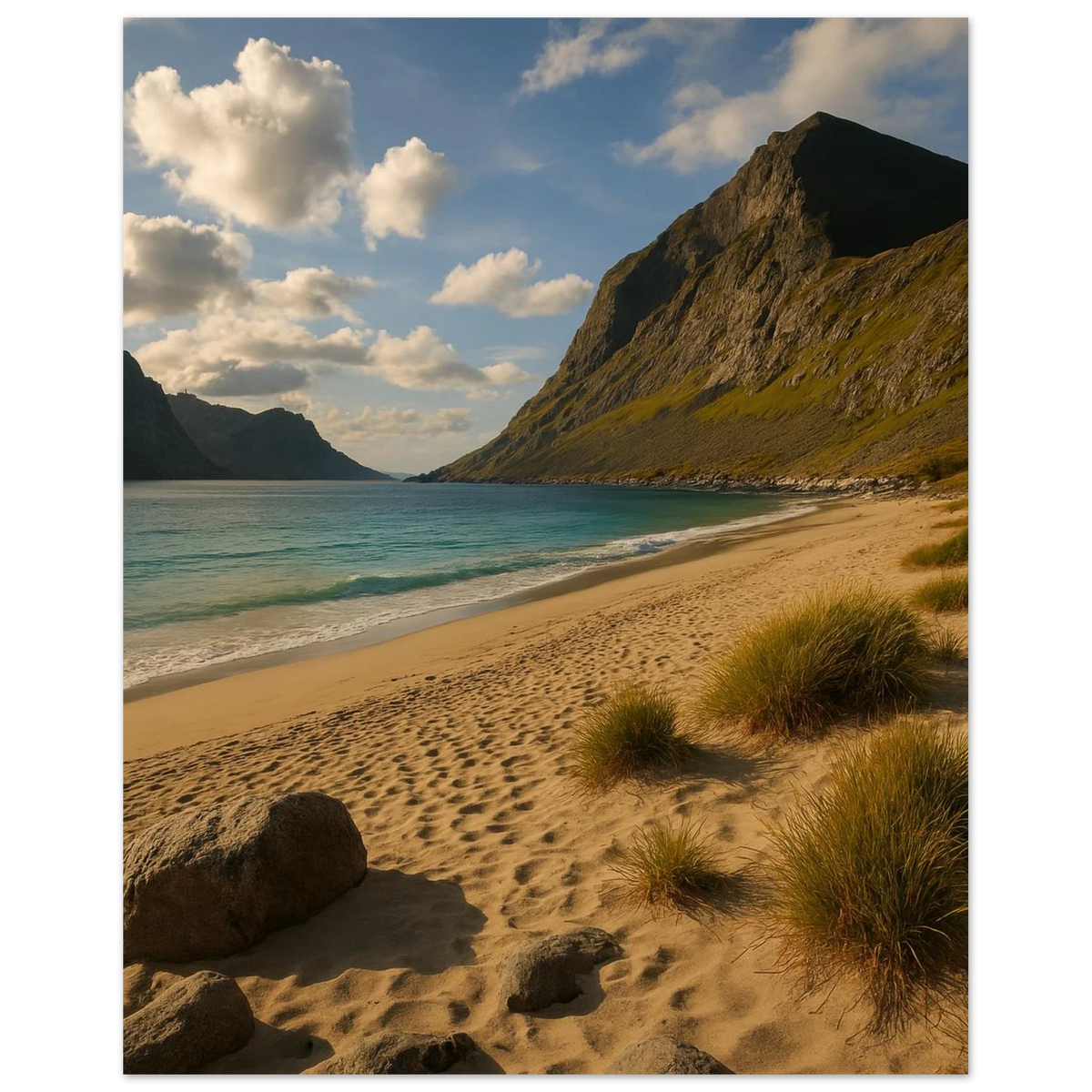 Serene Mountain Beach Horizon Poster – Coastal Beauty Print with Azure Waters & Golden Sand