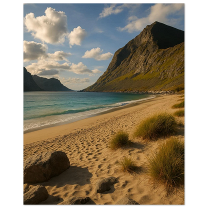 Serene Mountain Beach Horizon Poster – Coastal Beauty Print with Azure Waters & Golden Sand