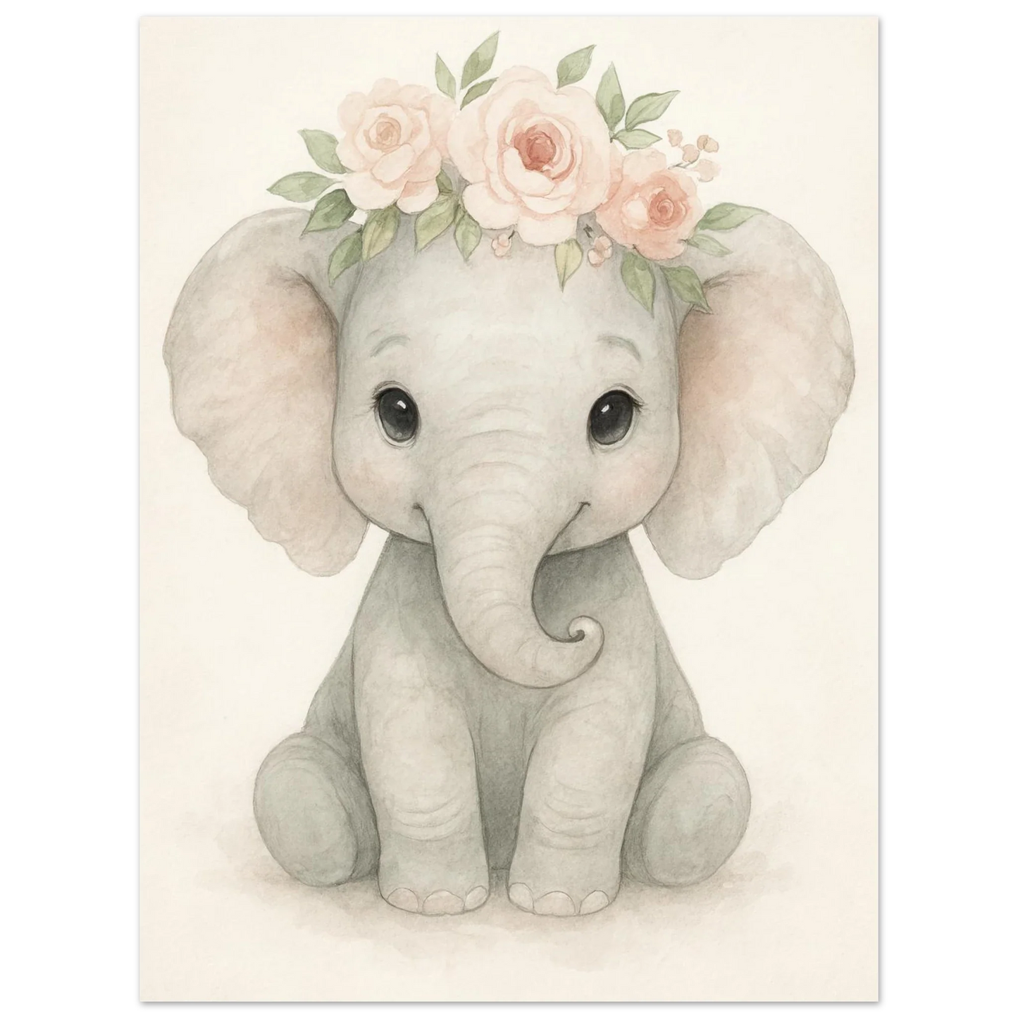 Söt Baby Elefant med Blomsterkrans – Akvarellkonsttryck för Barnrummet