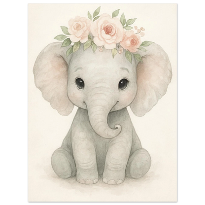 Söt Baby Elefant med Blomsterkrans – Akvarellkonsttryck för Barnrummet