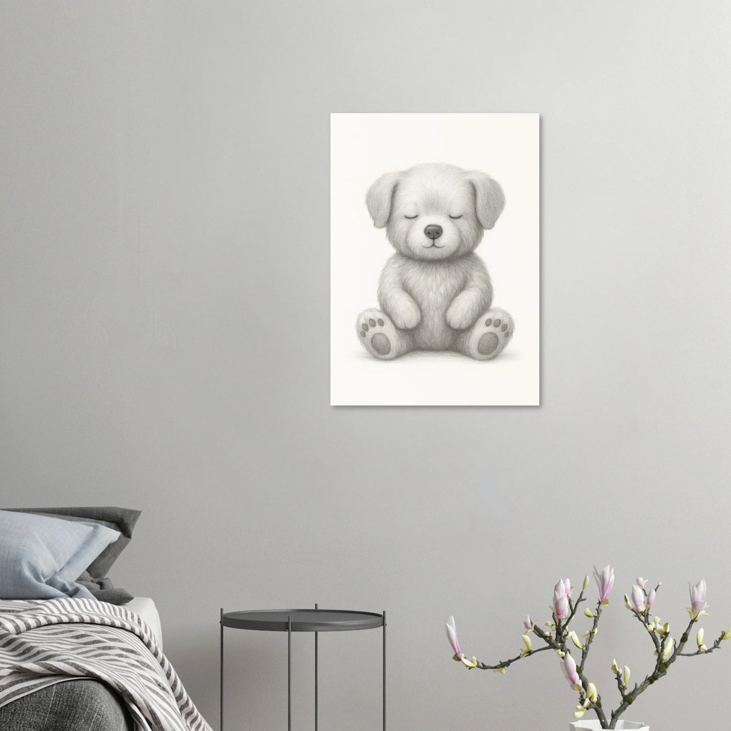 Sleepy Puppy Pencil Sketch Art Print - A Calming & Adorable Nursery Decor Poster