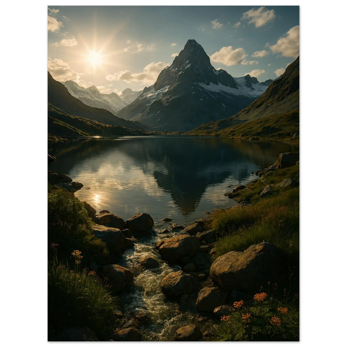 Alps Sunset Majesty: Serene Mountain Lake & Golden Light Poster in Various Sizes