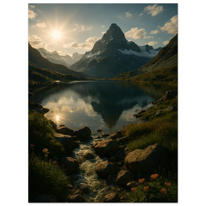 Alps Sunset Majesty: Serene Mountain Lake & Golden Light Poster in Various Sizes