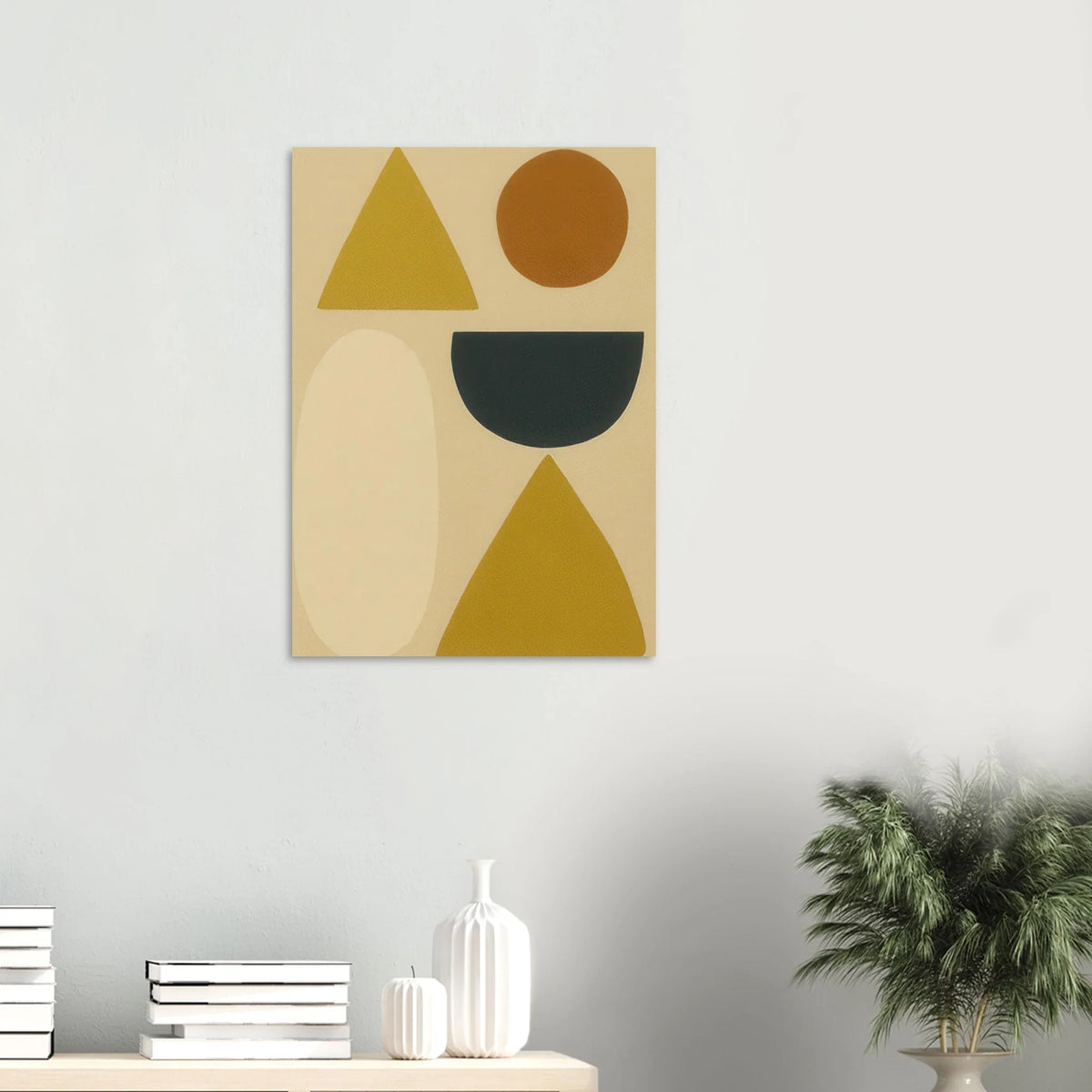 Abstrakt Minimalistisk Geometrisk Konsttryck – Gul, Svart & Rostfärgade Former på Halvblankt Premiumpapper