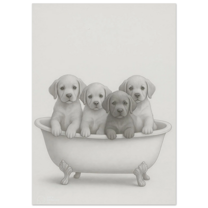 Charming Puppy Bath Time Art Print – Adorable Labradors in a Tub Poster