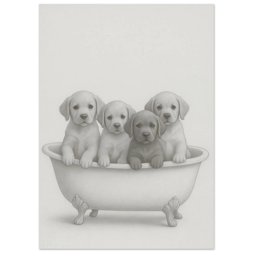 Charming Puppy Bath Time Art Print – Adorable Labradors in a Tub Poster