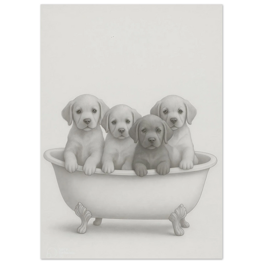 Charming Puppy Bath Time Art Print – Adorable Labradors in a Tub Poster