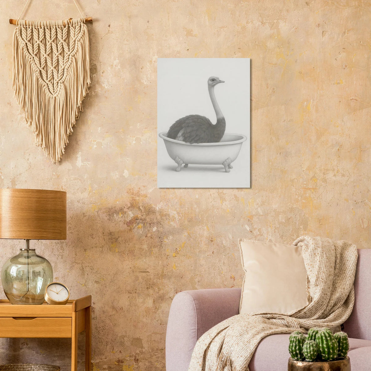 Humorous Ostrich in Bathtub Surreal Art Poster – Quirky Minimalist Print for Modern Homes