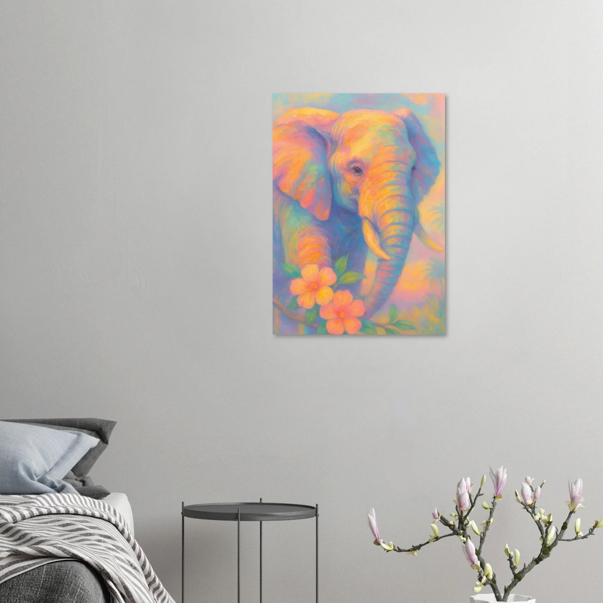 Pastell Safari Elefant Poster – Mjuk Konst i Regnbågens Färger, Välj Din Storlek