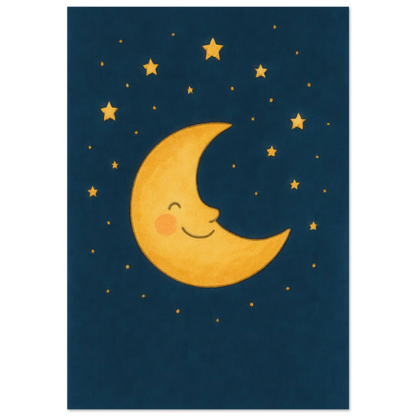 Smiling Crescent Moon & Stars Art Print – Whimsical Nursery & Kids Room Decor