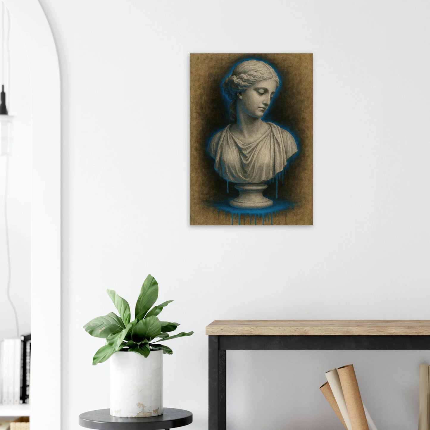 Neon Blue Aura Goddess Bust Poster - Modern Renaissance Wall Art Print