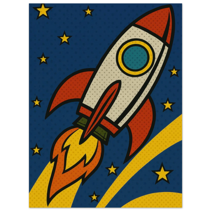 Retro Pop Art Rocket Launch Poster – Cosmic Adventure Print for Kids & Adults in Multiple Sizes