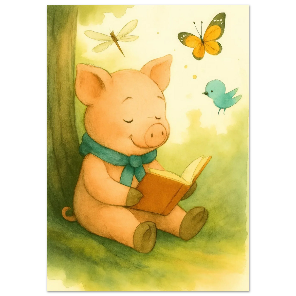 Little Reader Pig: Enchanting Watercolor Art Print for Cozy Spaces