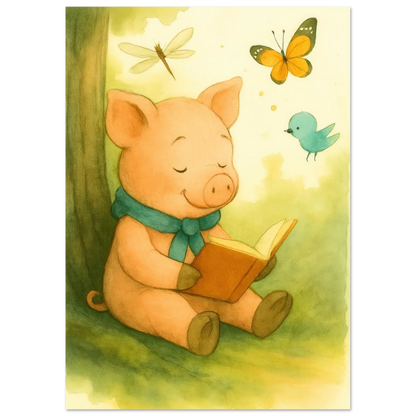 Little Reader Pig: Enchanting Watercolor Art Print for Cozy Spaces