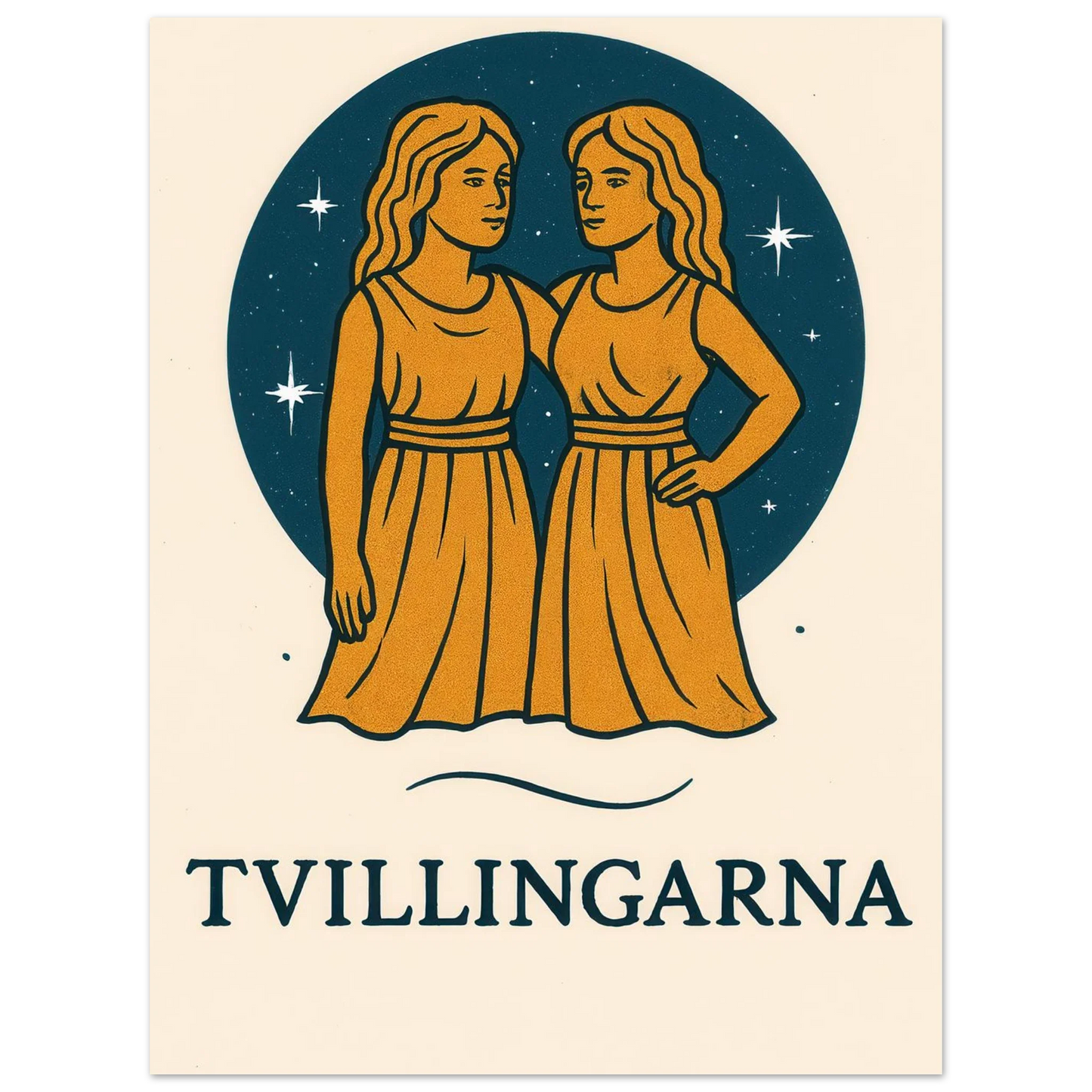 Tvillingarna Zodiac Konsttryck – Gulblå Retro Astrologisk Design Affisch
