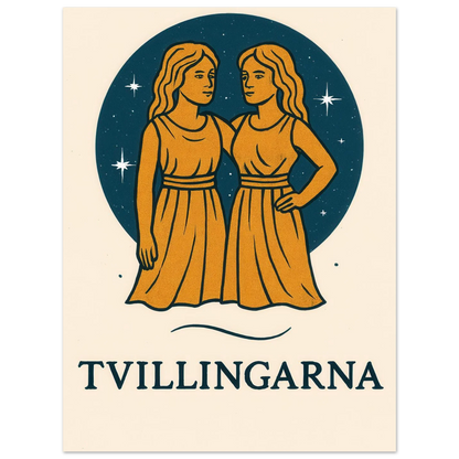 Tvillingarna Zodiac Konsttryck – Gulblå Retro Astrologisk Design Affisch