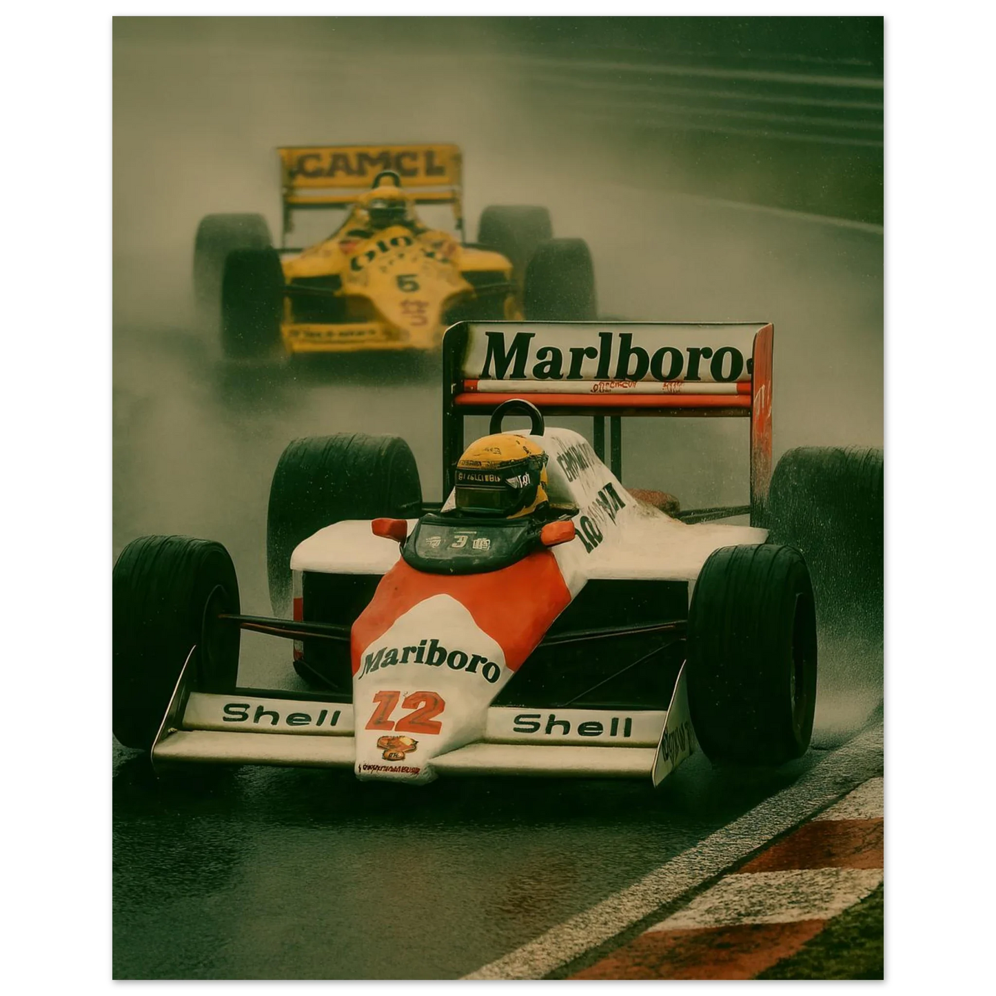 Racing Legacy: F1 Classic Poster – Dynamic Wet Race Art Print in Vibrant Detail