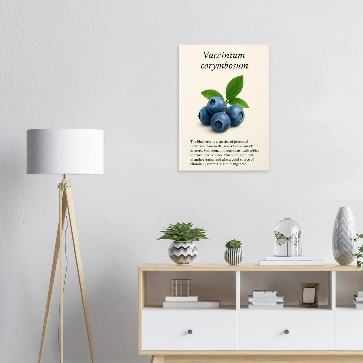 Frukter Botanisk Poster: Vaccinium Corymbosum (Blåbär) Konsttryck med levande blå nyanser och din valda storlek
