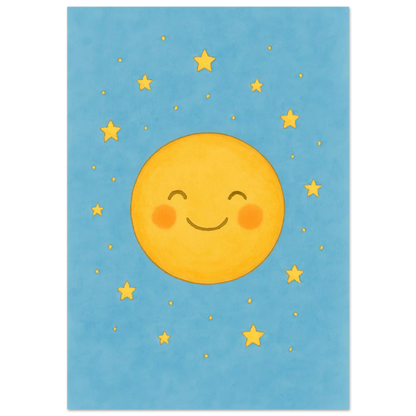 Dreamy Sky Moon & Stars Print | Whimsical Nursery Art | Soft Blue & Yellow Giclee Poster