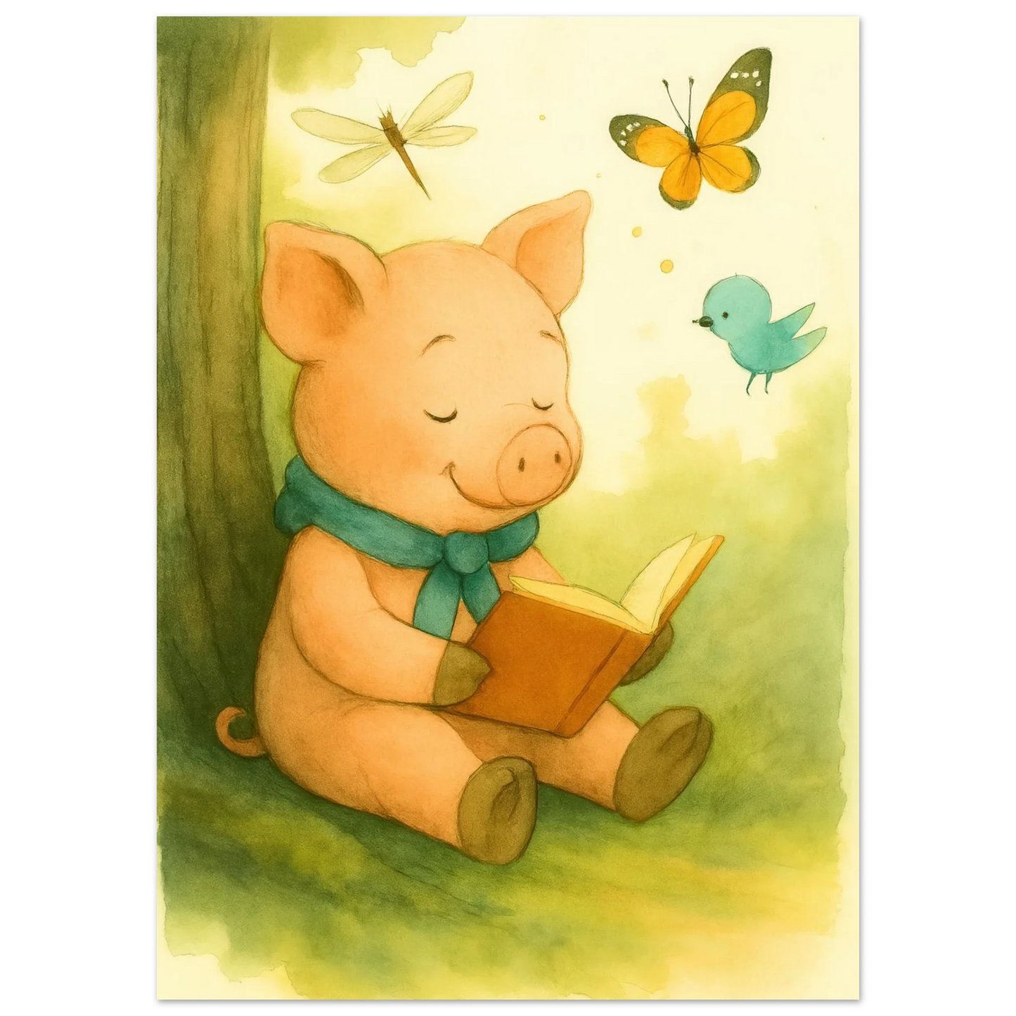 Little Reader Pig: Enchanting Watercolor Art Print for Cozy Spaces